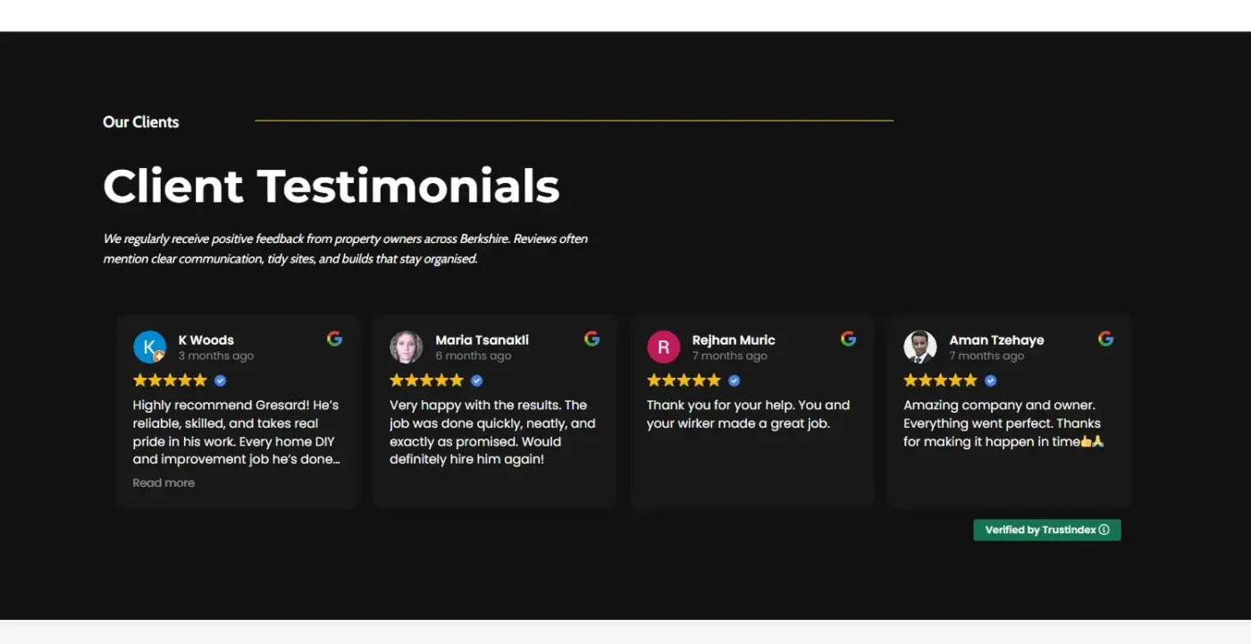 AA Contractor website client testimonials, verified 5-star Google reviews from Berkshire customers
