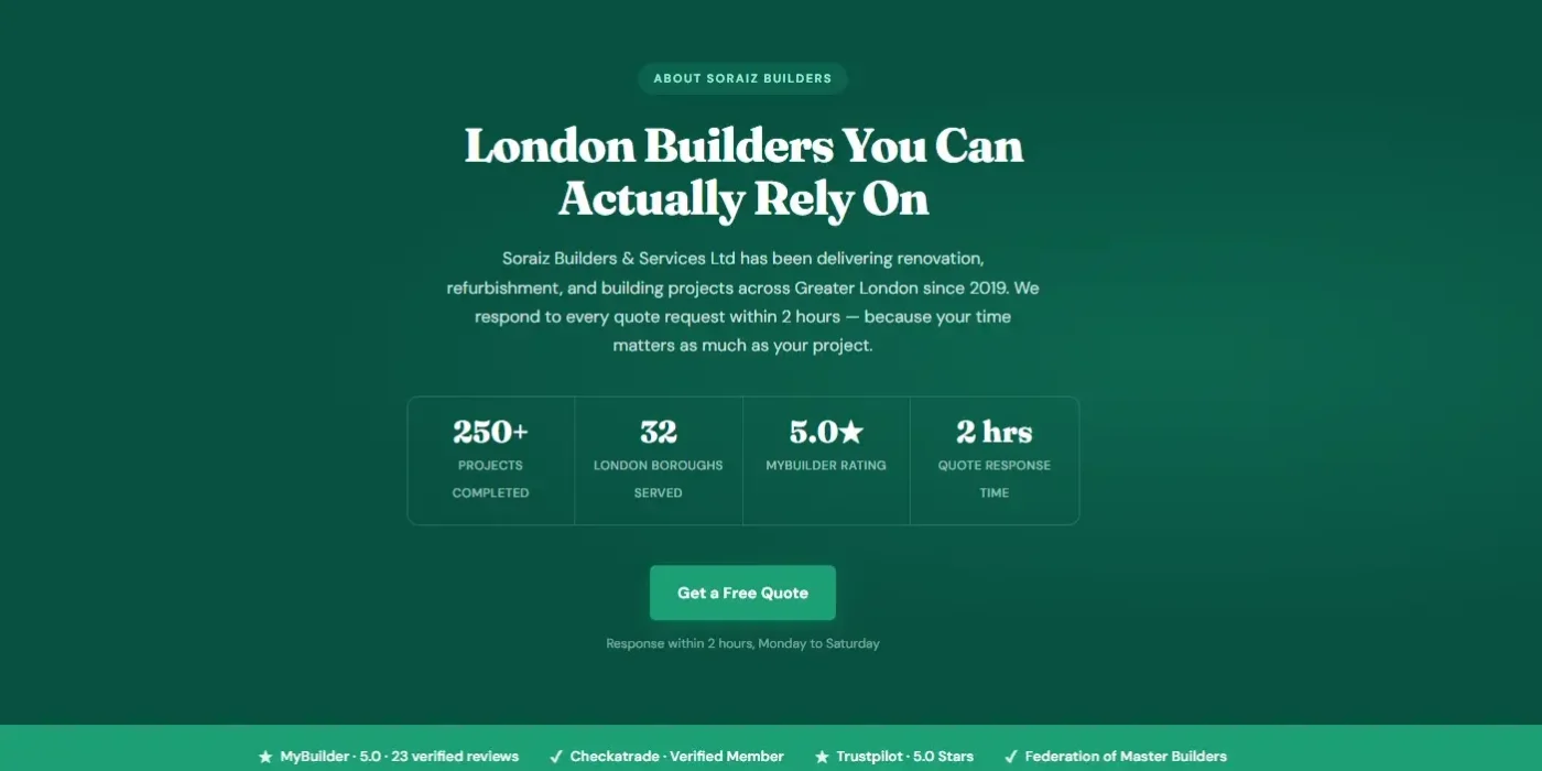 Soraiz Builders website About section displaying trust badges from MyBuilder, Checkatrade, Trustpilot and the Federation of Master Builders