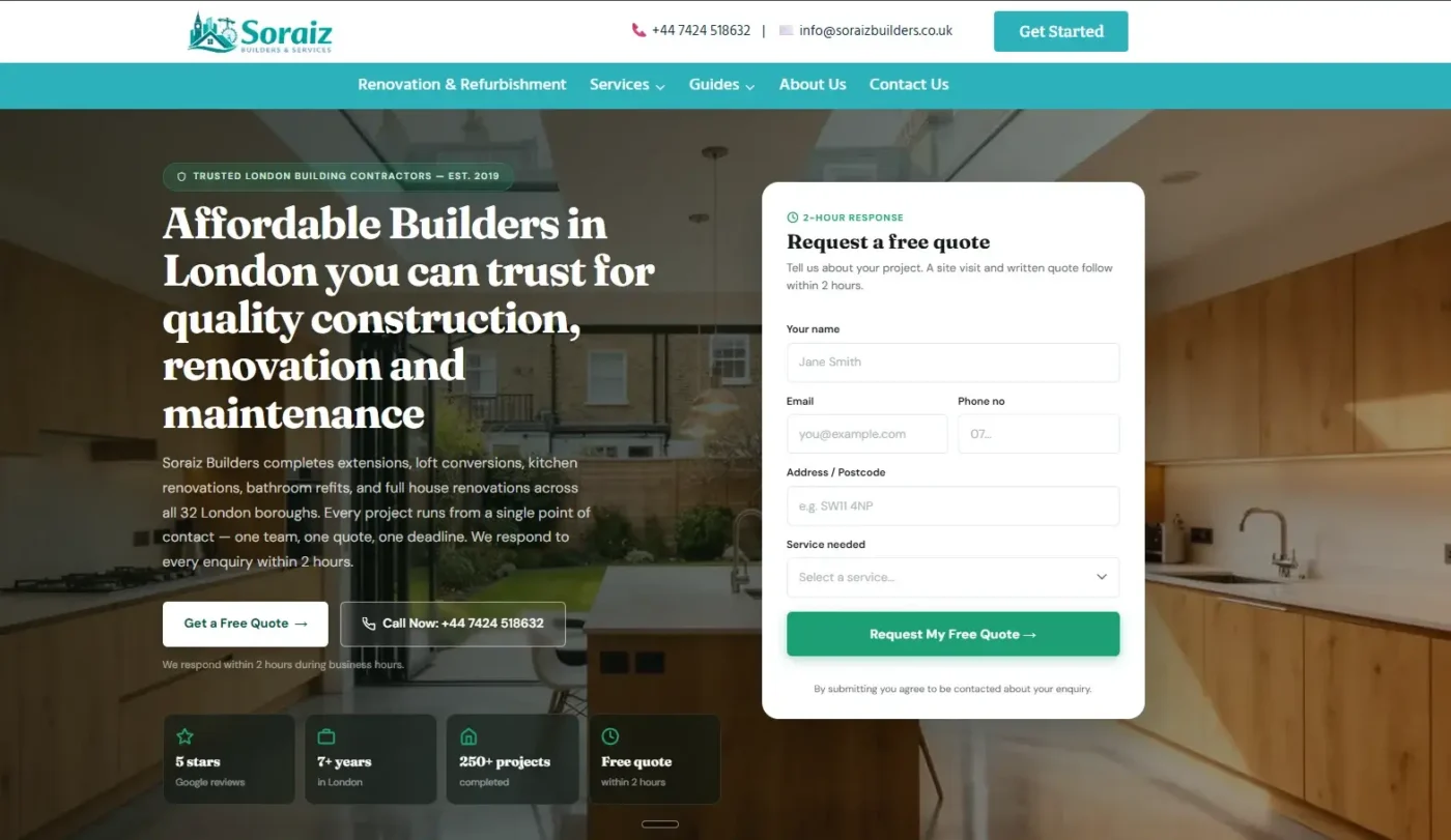 Soraiz Builders & Services website homepage hero section after redesign
