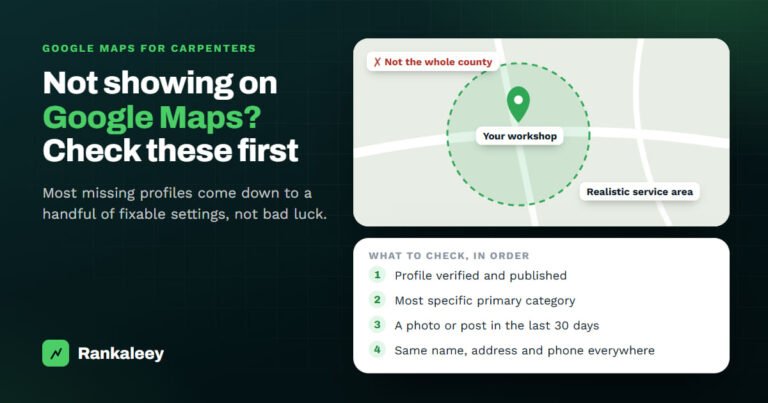Illustration of a Google Maps service area drawn around a carpentry workshop rather than a whole county, with a checklist: profile verified, most specific category, a photo or post in the last 30 days, and matching details everywhere