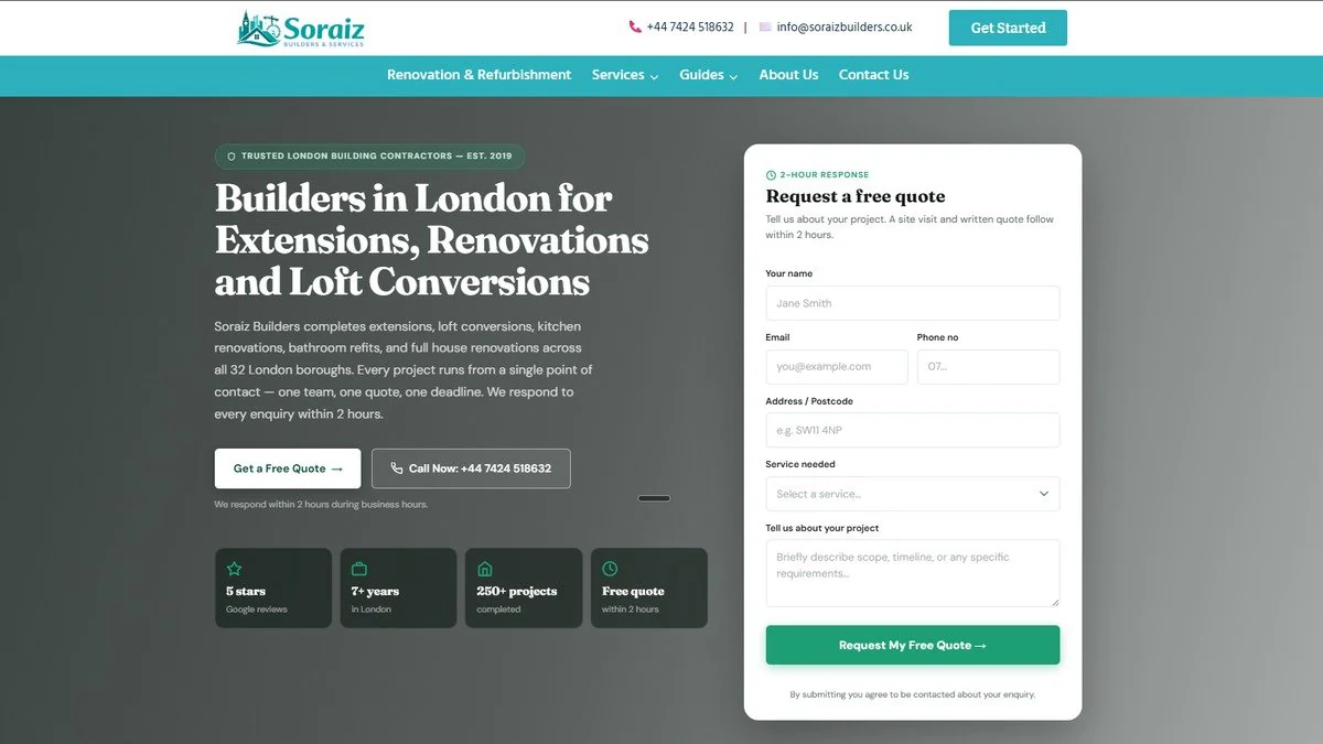 Soraiz Builders & Services website homepage showing the London extensions, renovations and loft conversions hero with a quote request form
